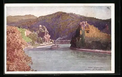 Künstler-AK Rudolf Schmidt: St. Nikola an der Donau, Struden, Donau-Strudel mit Dampfschiff