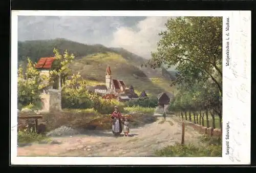 Künstler-AK Leopold Schweiger: Weissenkirchen i. d. Wachau, Totalansicht mit Kirche