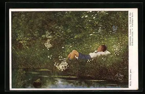 Künstler-AK Willy Straka: Blühendes Leben, Mädchen am Bachufer
