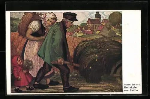 Künstler-AK Rudolf Schiestl: Familie bei Heimkehr vom Felde
