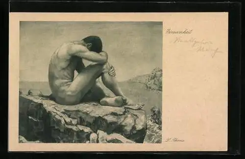 Künstler-AK Hans Thoma: Einsamkeit, Mann auf Felsen über dem Meer