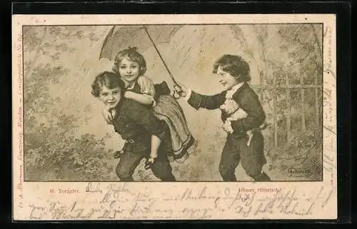 Künstler-AK Hermann Torggler: Immer ritterlich!, Kleiner Junge trägt Mädchen herum
