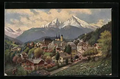 AK Berchtesgaden, Totalansicht mit Kirche und Gebirgspanorama