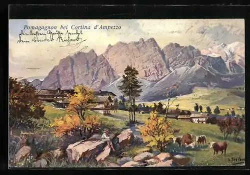 Künstler-AK Hans Treiber: Pomagagnon, Ortsansicht bei Cortina d`Ampezzo mit Kuhherde