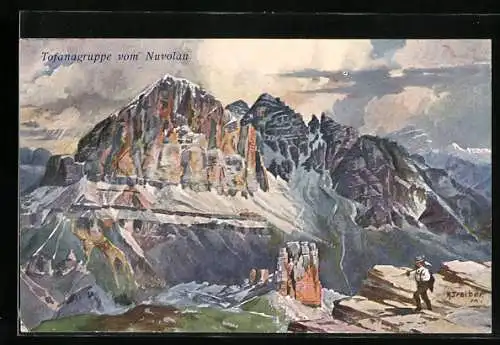 Künstler-AK Hans Treiber: Tofanagruppe vom Nuvolau, Bergsteiger