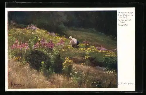 Künstler-AK Josef Straka: Frau pflückt Blumen im Waldschlag