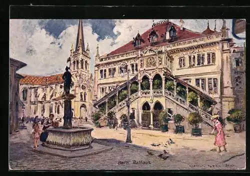 Künstler-AK Georges Stein: Bern, Rathaus mit Brunnen, Leute