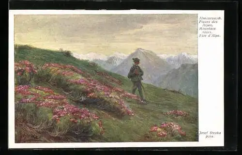 Künstler-AK Josef Straka: Almenrausch Mandragores, Wanderer im Gebirge