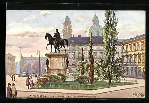 Künstler-AK Richard Wagner: München, Odeonsplatz mit Denkmal König Ludwig I.