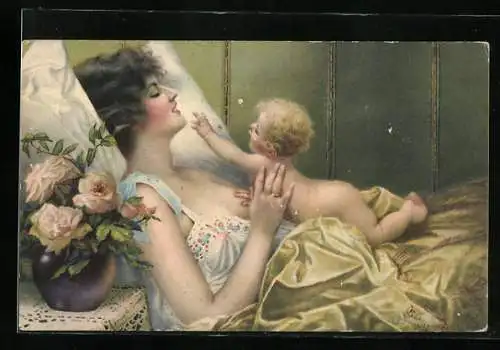 Künstler-AK Arno von Riesen: Guten Morgen, Mama!, Mutter mit ihrem kleinen Kind