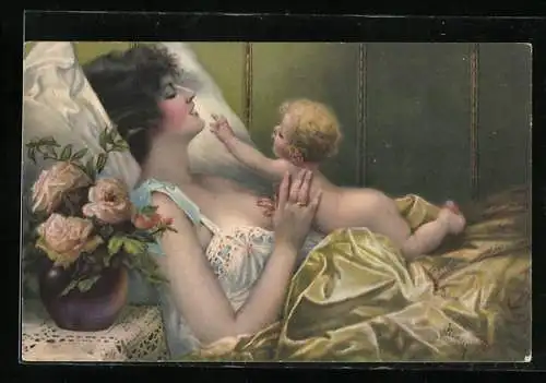 Künstler-AK Arno von Riesen: Guten Morgen, Mama!, Mutter mit ihrem kleinen Kind