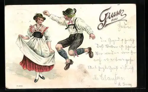 Lithographie Tanzendes Paar in bayrischer Tracht