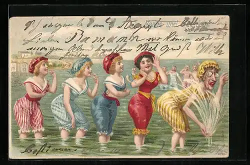 Lithographie Frauen in Badeanzügen im Meer