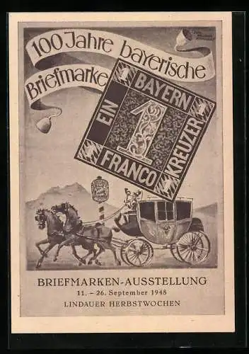 AK Lindau, Briefmarken-Ausstellung 100 Jahre bayrische Briefmarke 1948, Postkutsche & Briefmarke 1 Kreuzer