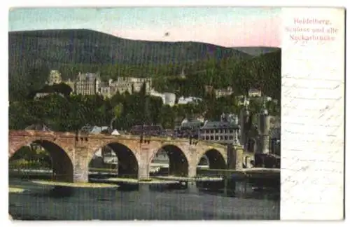 Relief-AK Heidelberg, Schloss und alte Neckarbrücke