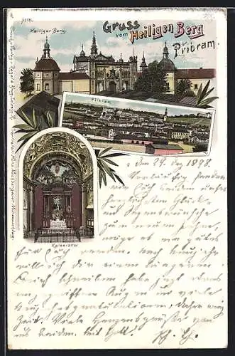 Lithographie Pribram, Heiliger Berg, Kaiseraltar, Ortsansicht