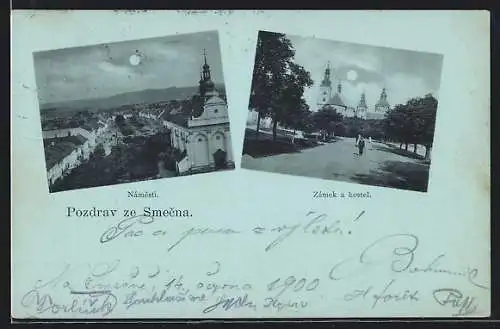 Mondschein-AK Smecno, Namesti, Zamek a kostel