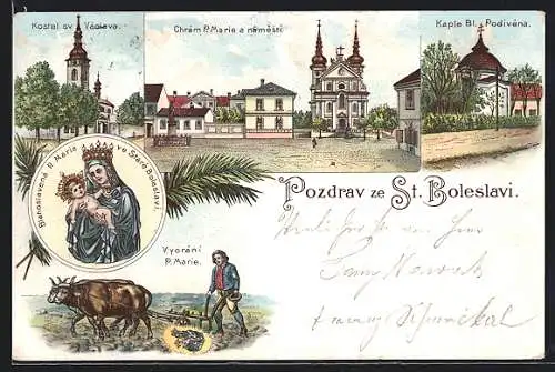 Lithographie Stara Boleslav, Chram P. Marie a namesti, Kostel sv Vaclava e Vyorani P. Marie