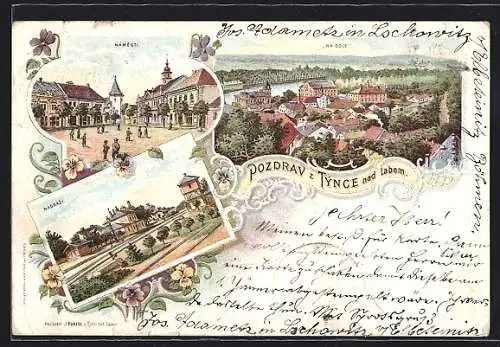 Lithographie Tynec nad Labem, Nádrazi / Bahnhof, Námesti / Marktplatz