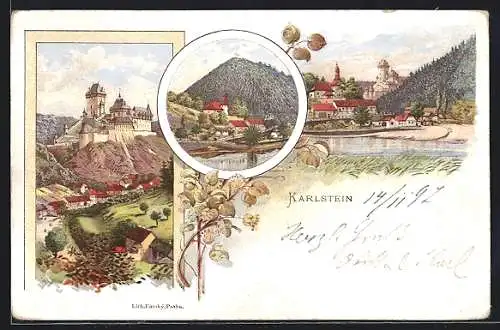 Lithographie Karlova Tyna, Burgansicht mit Ortschaft