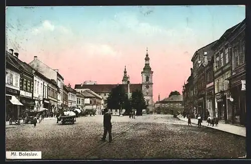 AK Jung Bunzlau / Mlada Boleslav, Marktplatz mit Blick auf die Kirche