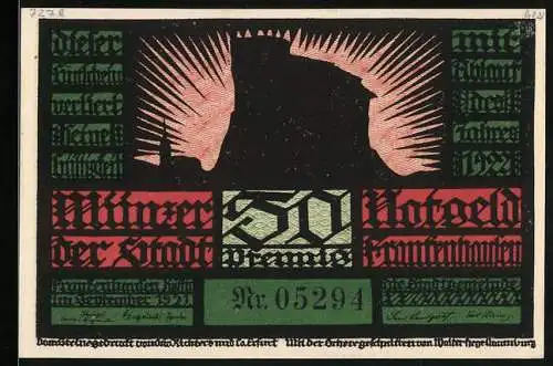Notgeld Frankenhausen 1921, 50 Pfennig, Die geschlagenen Bauern stürzen in die Stadt