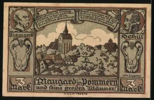 Notgeld Naugard in Pommern, 3 Mark, Ortsansicht, Bismarck und Schill