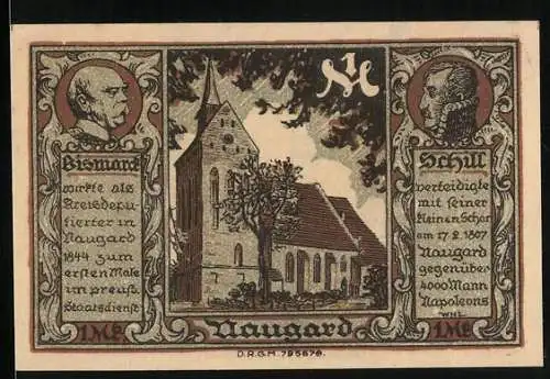 Notgeld Naugard in Pommern, 1 Mark, Bismarck, Schill und die Kirche