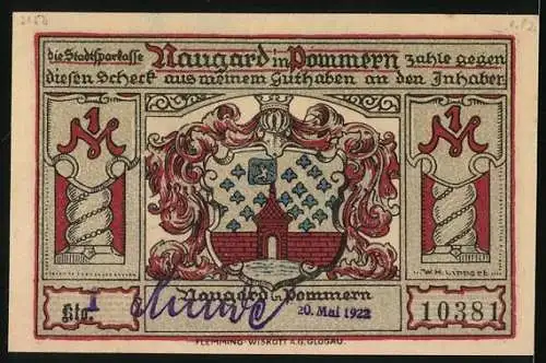 Notgeld Naugard in Pommern, 1 Mark, Bismarck, Schill und die Kirche