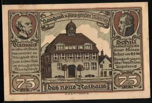 Notgeld Naugard in Pommern, 75 Pfennig, Partie am neuen Rathaus