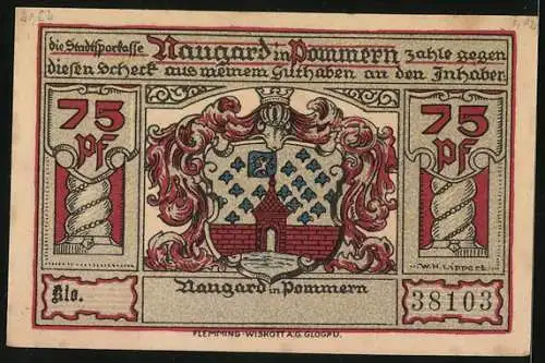 Notgeld Naugard in Pommern, 75 Pfennig, Partie am neuen Rathaus