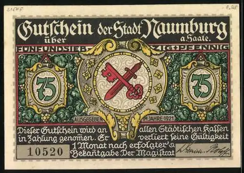 Notgeld Naumburg a. Saale 1921, 75 Pfennig, Ortsansicht über den Fluss