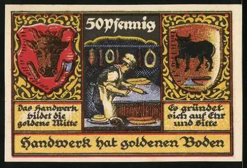Notgeld Stolzenau a. W. 1921, 50 Pfennig, Ein Fleischer bei der Arbeit