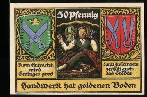 Notgeld Stolzenau a. W. 1921, 50 Pfennig, Ein Schneider bei der Arbeit