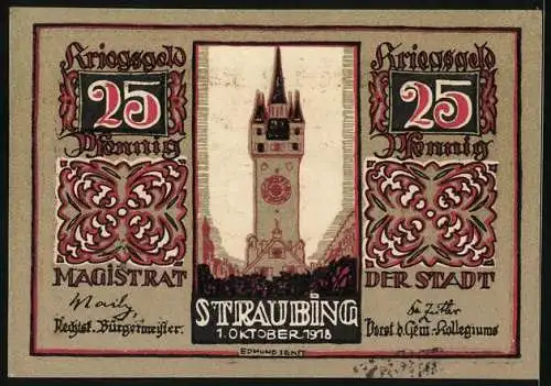 Notgeld Straubing 1918, 25 Pfennig, Der Uhrenturm