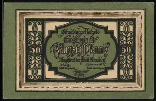 Notgeld Straubing 1919, 50 Pfennig, Der Bruder Straubinger lüftet den Zylinder