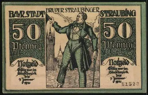 Notgeld Straubing 1919, 50 Pfennig, Der Bruder Straubinger lüftet den Zylinder