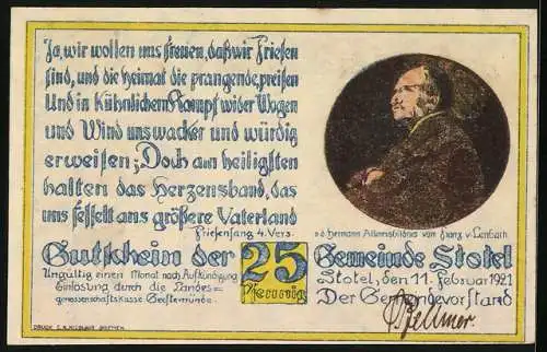 Notgeld Stotel 1921, 25 Pfennig, Gedicht von Hermann Allmers