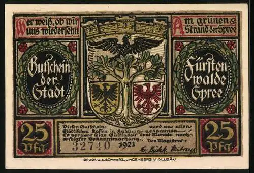 Notgeld Fürstenwalde /Spree 1921, 25 Pfennig, Die Stadt huldigt dem Sohne des Kaisers Karl IV.