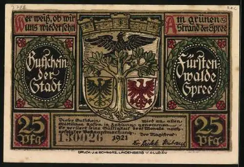 Notgeld Fürstenwalde /Spree 1921, 25 Pfennig, Kaiser Karl IV. fällt in die Mark ein