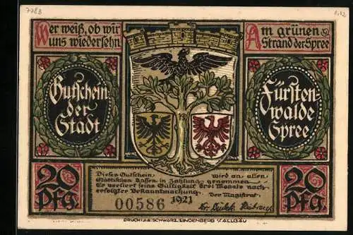 Notgeld Fürstenwalde /Spree 1921, 20 Pfennig, Die Gründungsurkunde wird verkündet