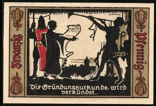 Notgeld Fürstenwalde /Spree 1921, 20 Pfennig, Die Gründungsurkunde wird verlesen
