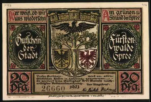Notgeld Fürstenwalde /Spree 1921, 20 Pfennig, Die Gründungsurkunde wird verlesen