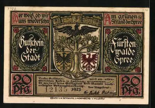 Notgeld Fürstenwalde /Spree 1921, 20 Pfennig, Verleihung des Stadtrechtes 1285