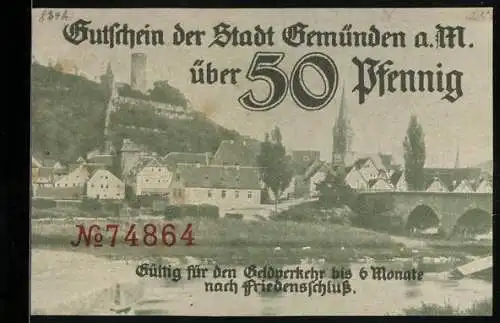 Notgeld Gemünden a. M., 50 Pfennig, Ortsansicht am Wasser