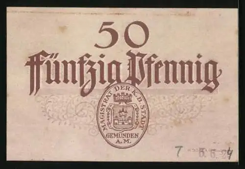 Notgeld Gemünden a. M., 50 Pfennig, Kontroll-Nr. 70067