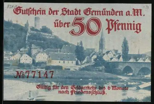 Notgeld Gemünden a. M., 50 Pfennig, Kontroll-Nr. 77147