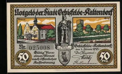 Notgeld Oebisfelde-Kaltendorf 1921, 50 Pfennig, Rathaus und Burg