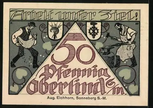 Notgeld Oberlind /S.-M. 1920, 50 Pfennig, Kirche, Schmied und Bauer