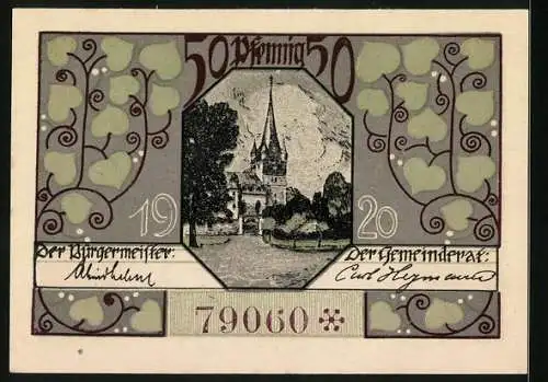 Notgeld Oberlind /S.-M. 1920, 50 Pfennig, Schmied, Bauer und Kirche